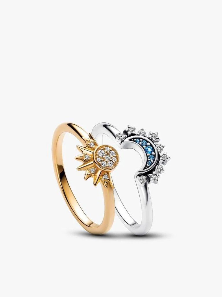 Pandora Celestial Sparkling Sun And Moon Ring Set